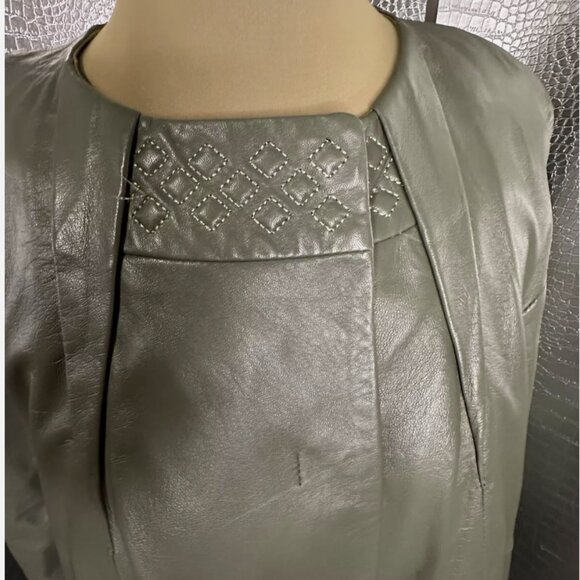 Fergucci Gray Green Leather Satin Printed Liner Collarless Coat Size 38 NWT - Picture 3 of 10